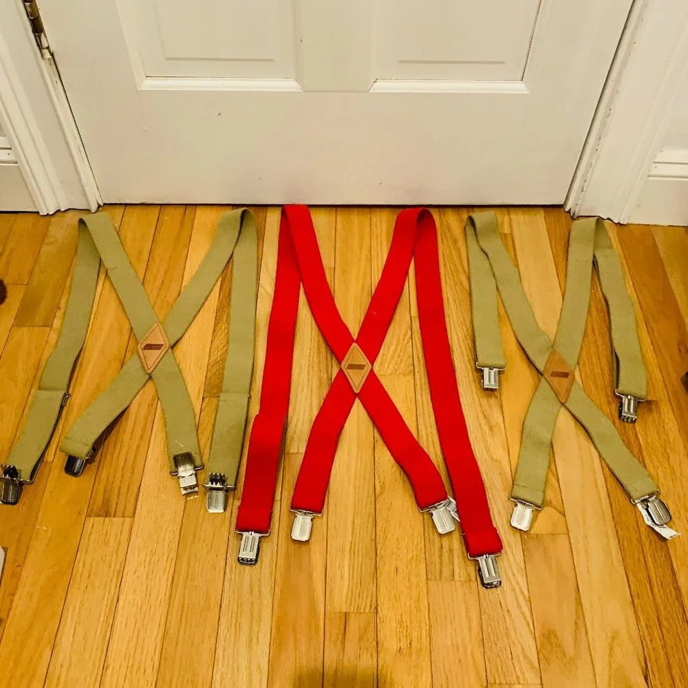 3 VTG Dickies Elastic Clip Work Suspender Khaki and Red Braces Brown Leather Log
